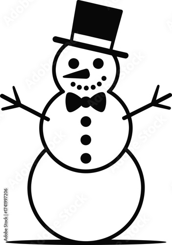 Charming snowman illustration with top hat detailed face on transparent background silhouette