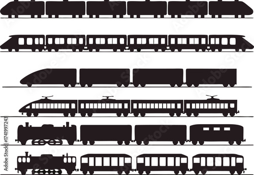 Set of electric and diesel trains illustrated on white

