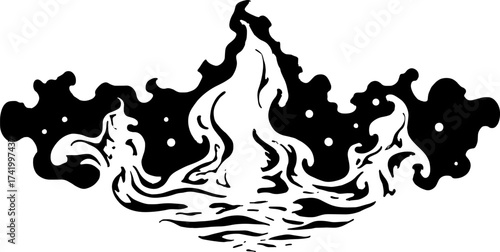 Vintage engraving outlined in black and white. A decorative vector illustration featuring flowing waves and swirling patterns.