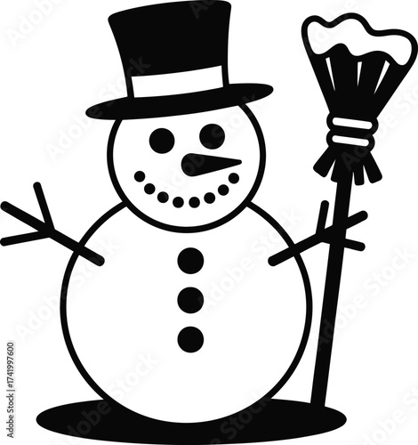 Charming snowman with top hat and broom on transparent background silhouette