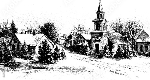 Vintage town scene in black and white line drawing. Features a church, houses, and trees in a picturesque rural landscape vector illustration.