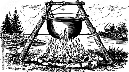 Vintage cauldron over a campfire in a scenic landscape. Black and white illustration featuring nature, trees, and river, vector design.