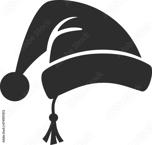 Simple black santa hat illustration with a pompom on transparent background silhouette