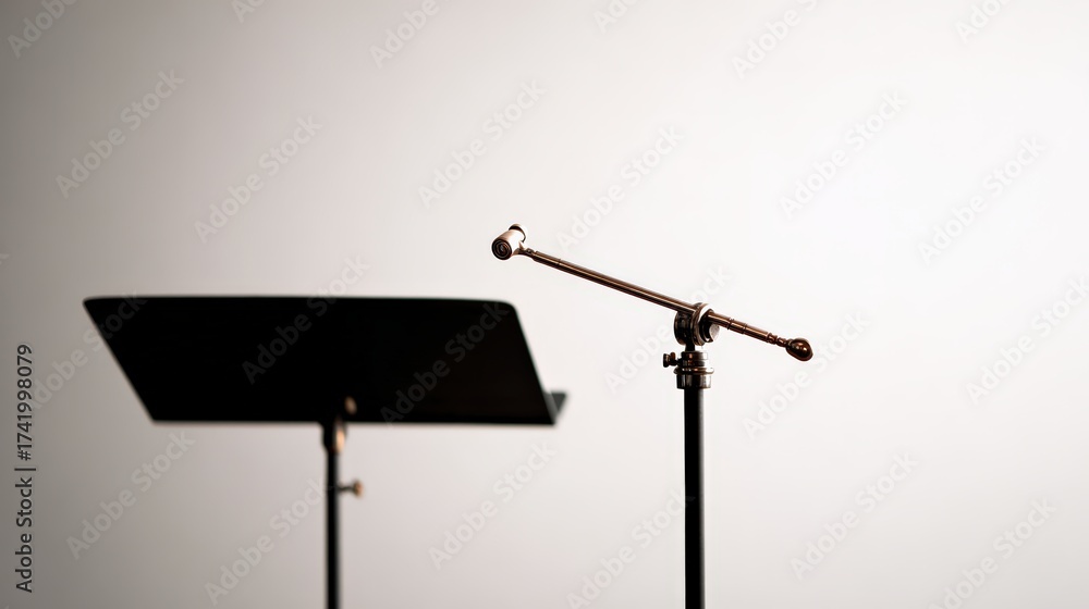 Obraz premium Microphone on stand with sheet music stand against plain background