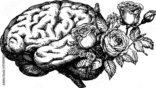 Black and white engraving illustration of a brain with roses. This detailed vector artwork features a floral composition in an outline style.