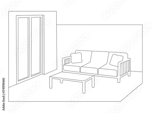 Minimalist patio illustration featuring a sofa in clean line art style. Modern outdoor furniture design ideal for home decor, garden, backyard, relaxation, comfort, and contemporary lifestyle concepts