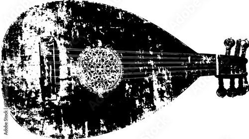 Lute musical instrument illustration in black and white. This detailed vector design showcases a grunge style, perfect for decorative art.