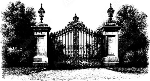 Ornate iron gate with pillars, lamps, and trees in a vintage scene. Classic entrance and garden, black and white vector illustration.