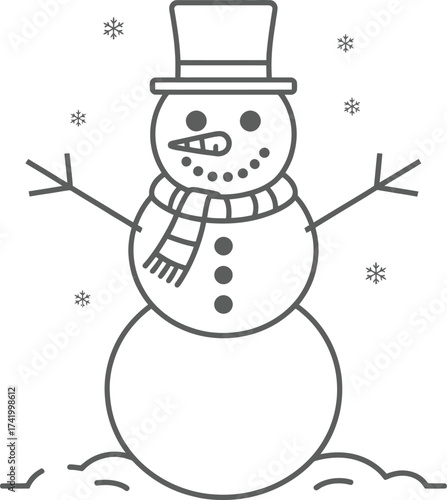 Simple winter snowman outline with hat and scarf on transparent background silhouette