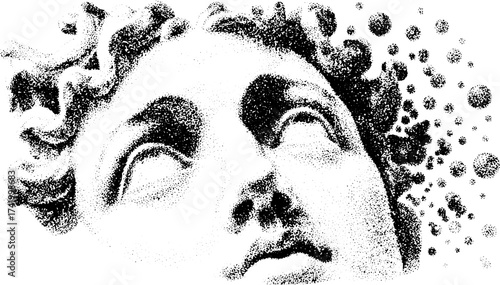 Classical head sculpture illustration in black and white. Detailed vector artwork showcasing human expression and intricate artistry in a vintage style.