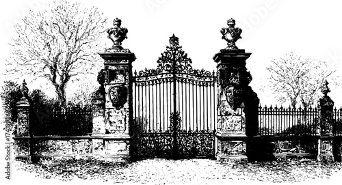 Ornate iron gate with decorative pillars and fencing in a classic architectural style. Black and white vintage vector illustration with elaborate historic detail.