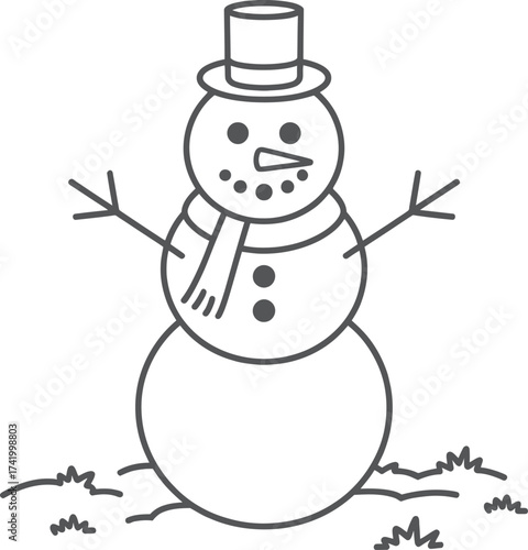 Simple black and white snowman illustration with hat scarf and arms on transparent background silhouette