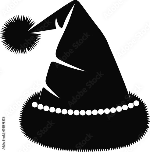 Black winter hat with fluffy pompom and beaded brim on transparent background silhouette