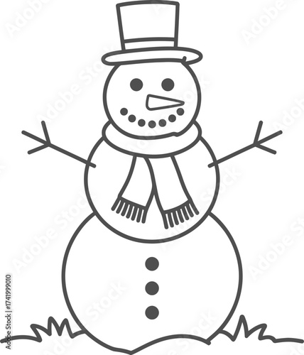 Simple black and white snowman drawing with hat on transparent background silhouette