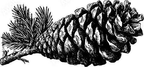 Pinecone outlined in black and white with detailed engraving style. A vintage vector illustration for decor or natural-themed projects.