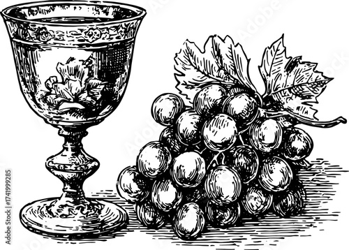 Grapes and cup in vintage outline style. Black and white vector illustration representing a classic drinking set.