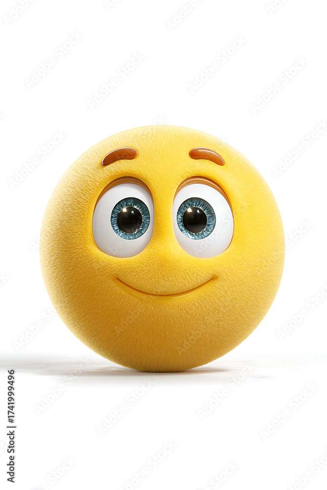 Fototapeta premium A cheerful yellow emoji with large blue eyes and a friendly smile on a white background