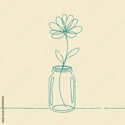 Minimalist line art of a blooming flower in a jar with a simple emphasizing elegance and simplicity