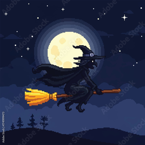 A pixel art illustration of a witch flying on a broomstick across a starry night sky with a large full moon.