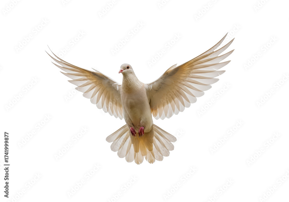 Fototapeta premium Isolated Dove flying in air with wings wide open, bird flapping, motion and air current