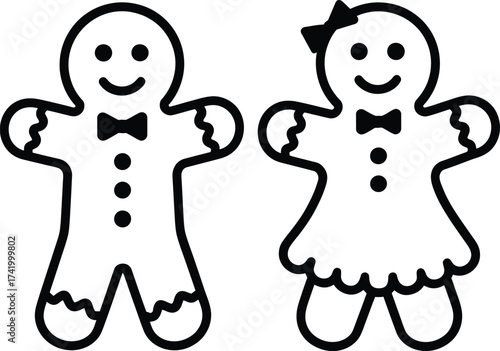 Two charming gingerbread people illustrations with delightful details on transparent background silhouette