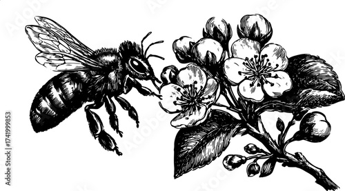 Bee pollinating a flower in black and white outline style. Vintage vector illustration showcasing detailed botanical elements in a set.