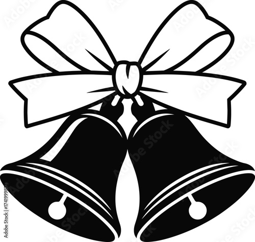 Elegant black wedding or christmas bells with ribbon on transparent background silhouette