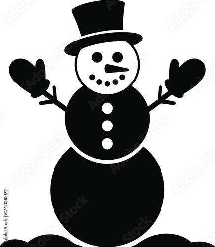 Charming black snowman with top hat and mittens on transparent background silhouette