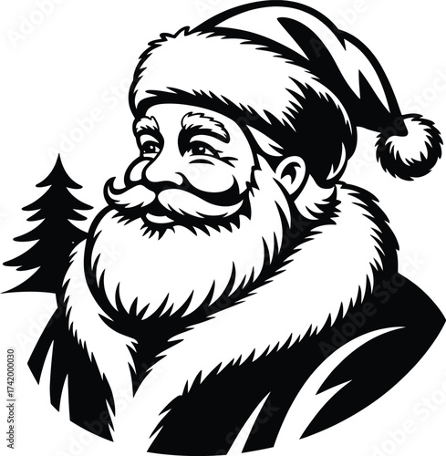 Detailed santa claus head with beard and hat on transparent background silhouette