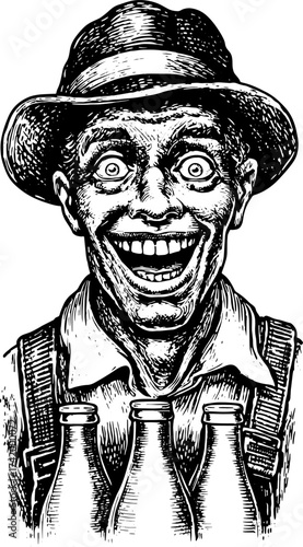 Vintage man in a hat smiling with milk bottles. Black and white vector illustration showcasing a happy character in a retro style.