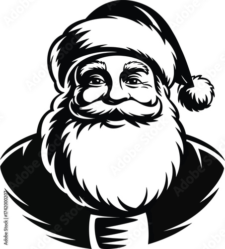 Detailed santa claus face illustration with beard hat and on transparent background silhouette