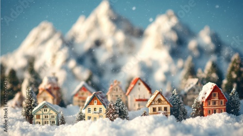 Miniature Village in Winter Wonderland with Snow Covered Peaks and Festive Houses on a Bright Day