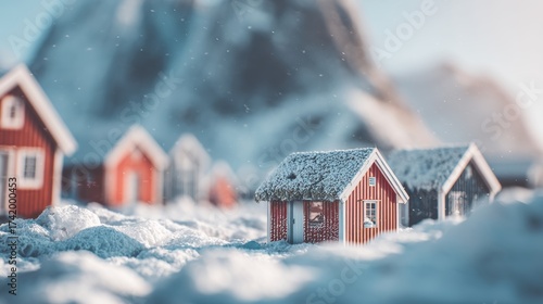 Charming Red Cabins Encapsulated in Winter Snow in Lofoten Norway Mountains Backdrop Serene Cold and Remote Northern Landscape Dreamy Feel
