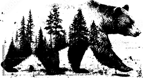 Bear silhouette with trees integrated into its figure. This black vector illustration captures the essence of nature and wildlife in a rugged set.
