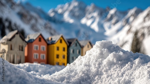 Colorful houses in snowy alpine landscape with majestic mountains on horizon for winter holidays