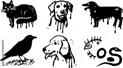 Vector illustration of pets in black silhouette style with drips. Simple graphic design set showcasing animal characters.