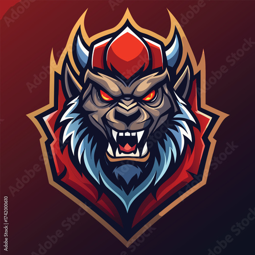 Fierce Armored Wolf Mascot Logo Design Featuring a Helmet with Red Gem, Glowing Red Eyes, and Sharp Fangs for Aggressive Esports Team Emblem on Shield Background
