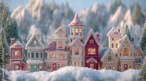 Enchanting snowy village scene with charming cottages amidst majestic mountains and snow covered trees evoking a festive seasonal winter atmosphere