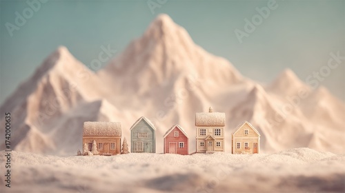 Miniature Colorful Houses in Snowy Landscape with Distant Mountain Range a Peaceful and Serene Winter Scene