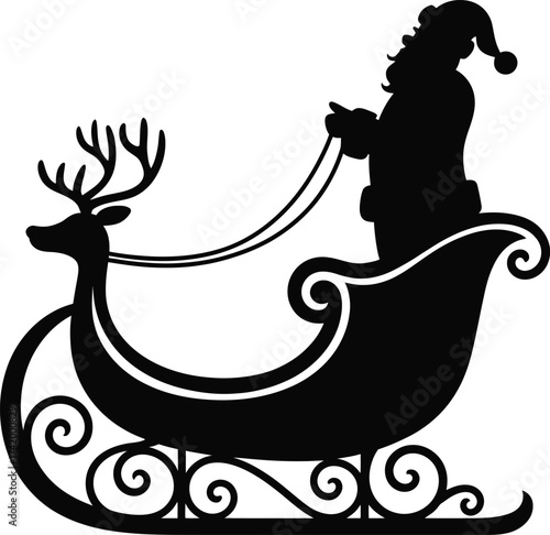 Santa claus and reindeer pulling a sleigh on transparent background silhouette