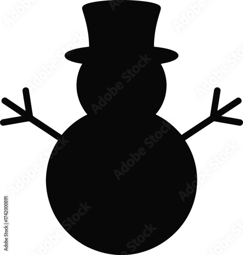 Simple black snowman illustration with hat and arms on transparent background silhouette