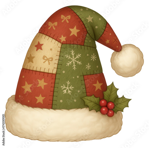 Cozy Patchwork Christmas Hat Clipart | Handmade Fabric Santa Hat with Holly | Transparent PNG