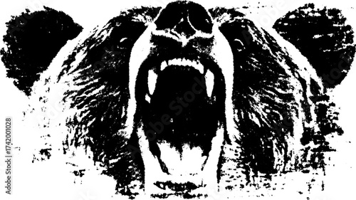 Roaring bear head in black and white. Detailed vector illustration showcasing fierce features, perfect for bold graphics or logo use.