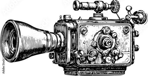 Vintage film camera with detailed mechanical body and large lens. Black and white engraving style vector illustration.
