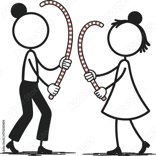 Stick figures playfully interacting with a red and white striped rope silhouette on transparent background