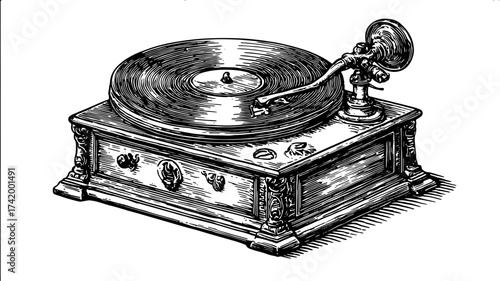 Vintage record player illustration in black and white outline. Detailed engraving design representing classic audio equipment. Vector illustration set.