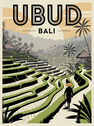 Mid-century modern travel poster of Ubud rice terraces in Bali. Stylized flat vector with palm trees, thatched huts, and a figure in conical hat. Retro colors, warm green and gold tones