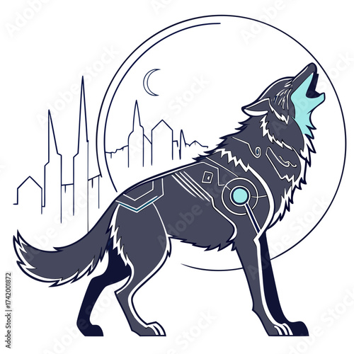Cyberpunk Wolf Howling at the Moon Futuristic Urban Serenade