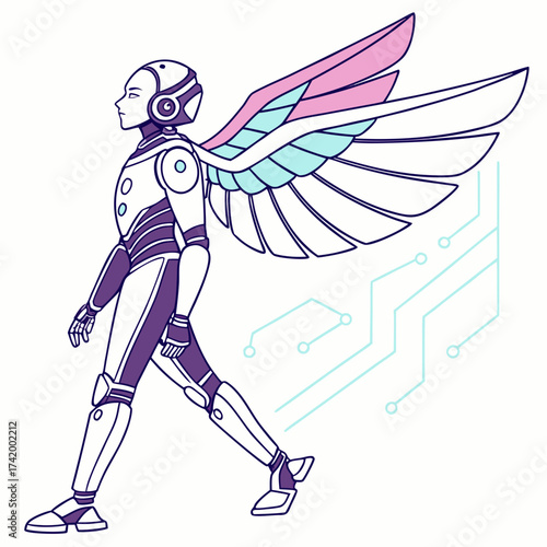 Futuristic Angel Robot with Wings and Circuitry Walking Forward