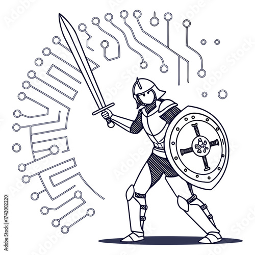 Digital Knight Warrior Protecting Cyberspace with Sword and Shield